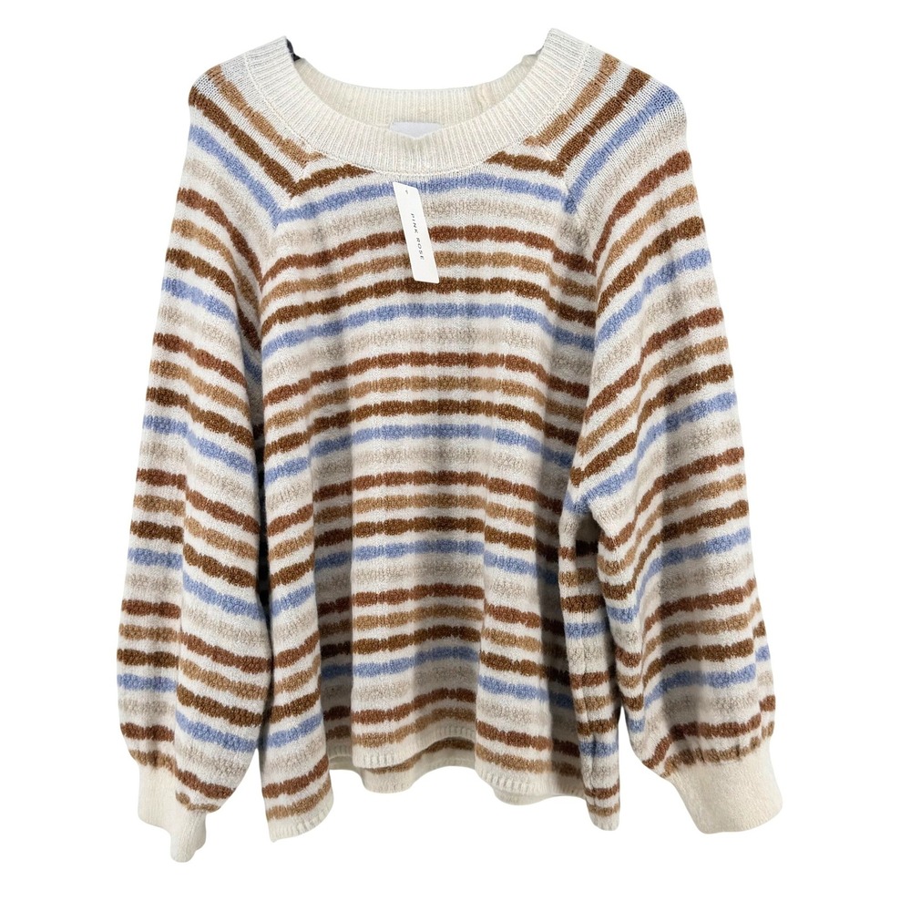 Pink Rose Womens 3X Striped Eyelash Knit Sweater Cream Brown Blue Crew Neck NEW